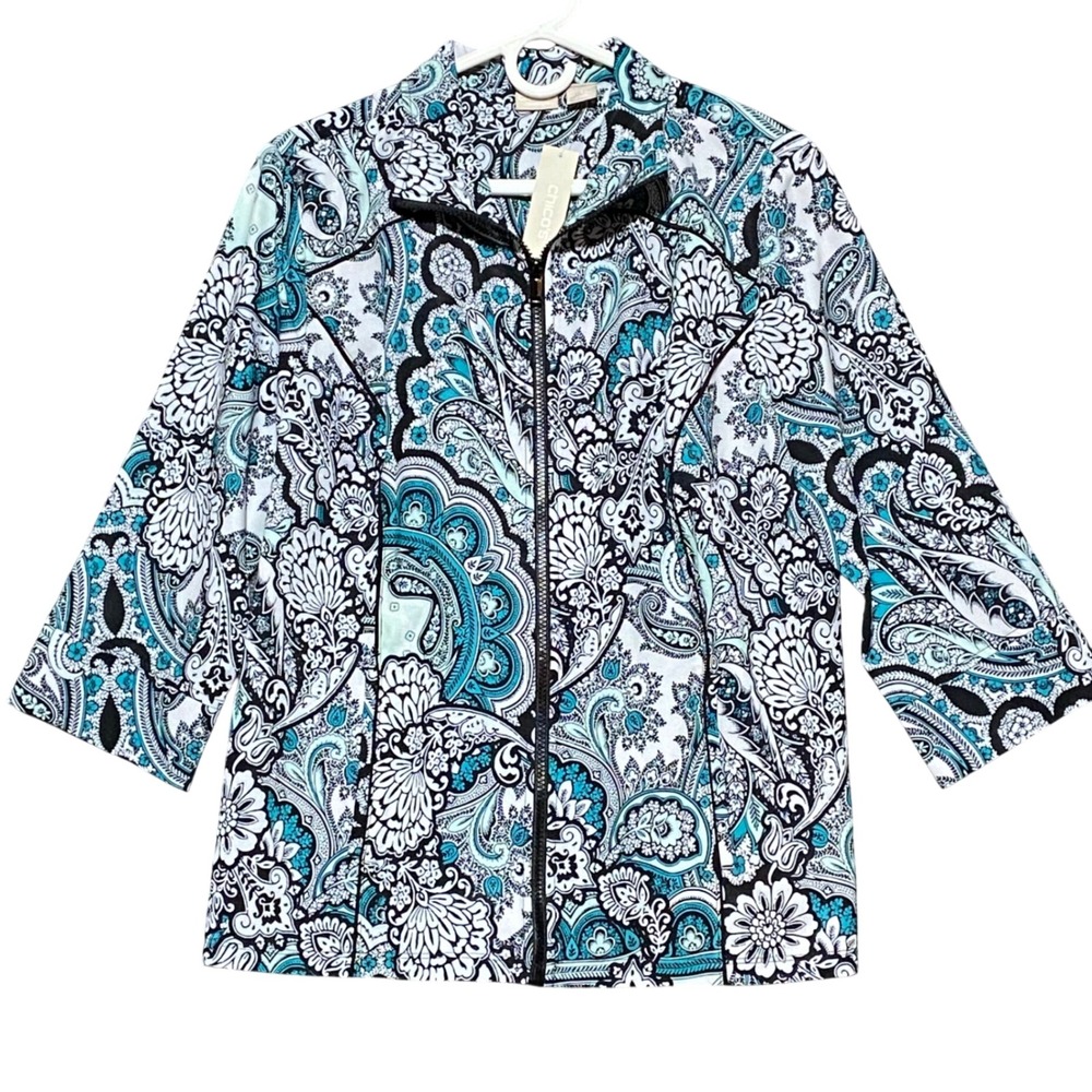 Chicos Zenergy Paisley Print Jacket Algiers Blue Size 2/US L Full Zip 3/4 Sleeve